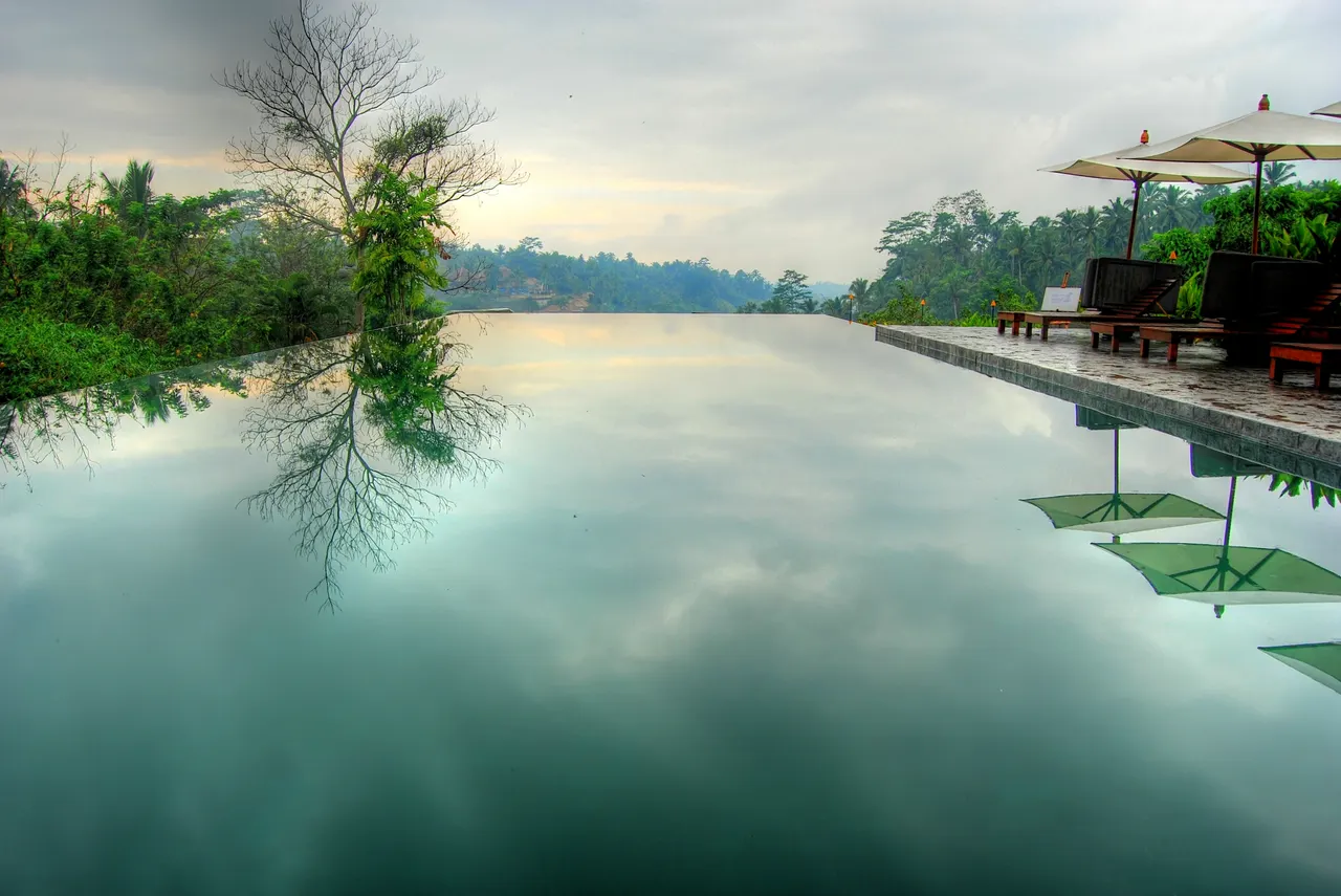 Still infinity pool at a resort in Ubud, Bali, reflecting trees and the morning sky.